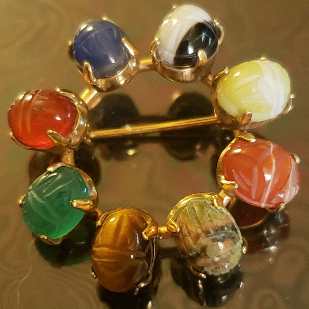 Vintage 1960s Bal Ron gold filled carved stone scarab brooch
